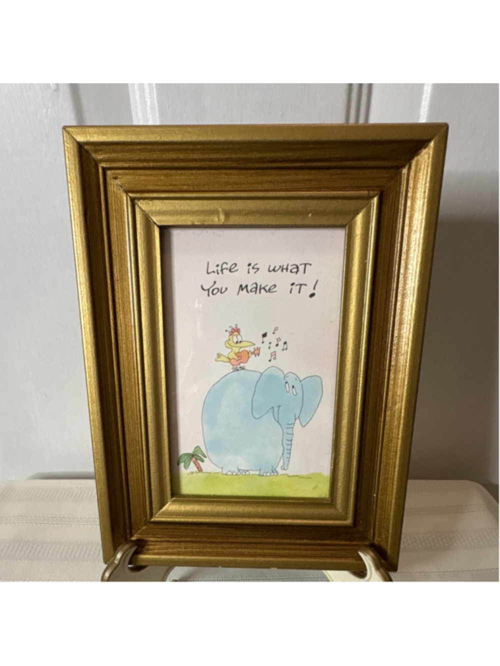 Framed Inspirational Cartoon Elephant & Bird Print Gold Frame